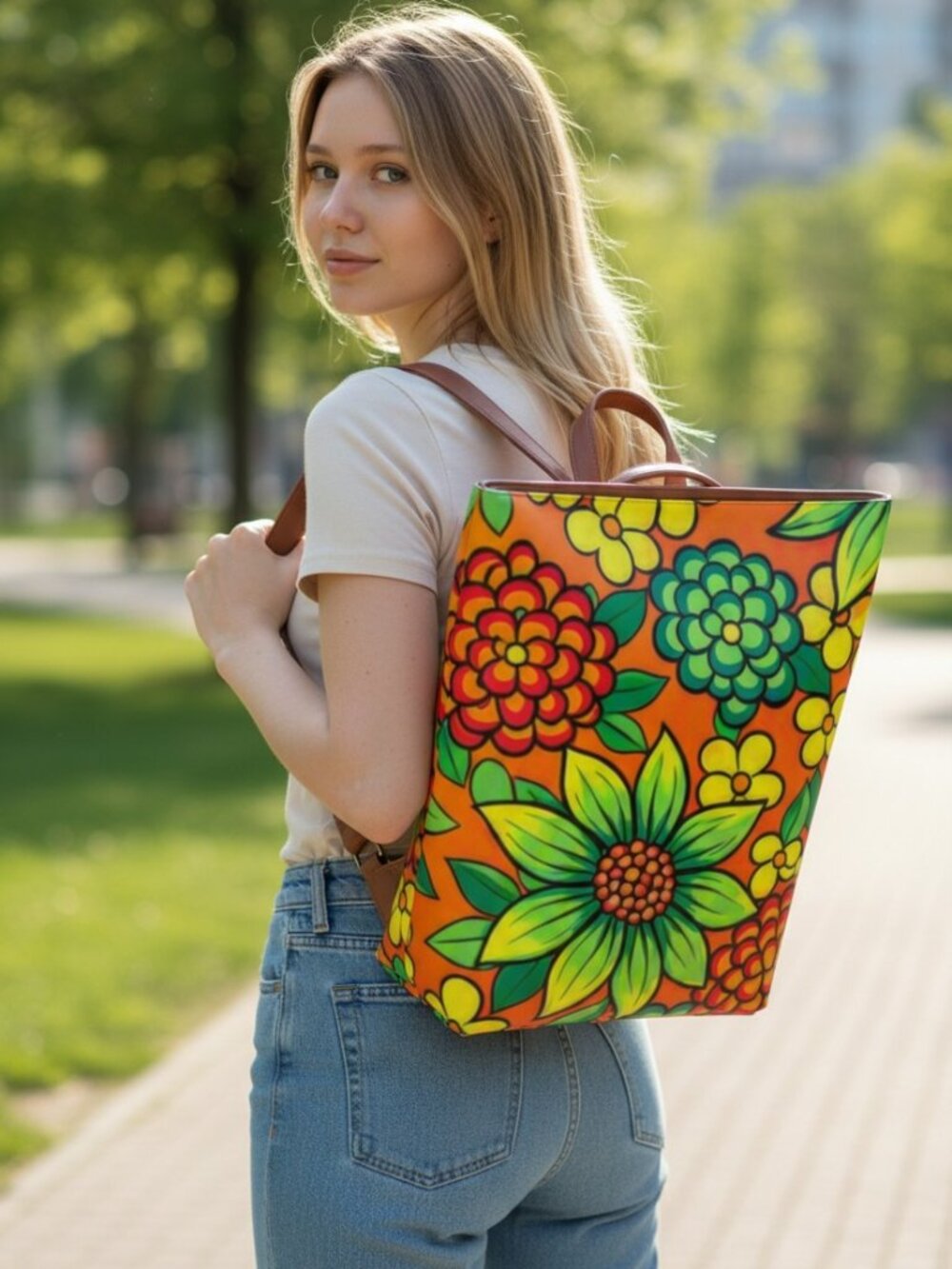 Retro Floral Vegan Leather Backpack | Boho Orange Print Travel Bag | Colorful Sc
